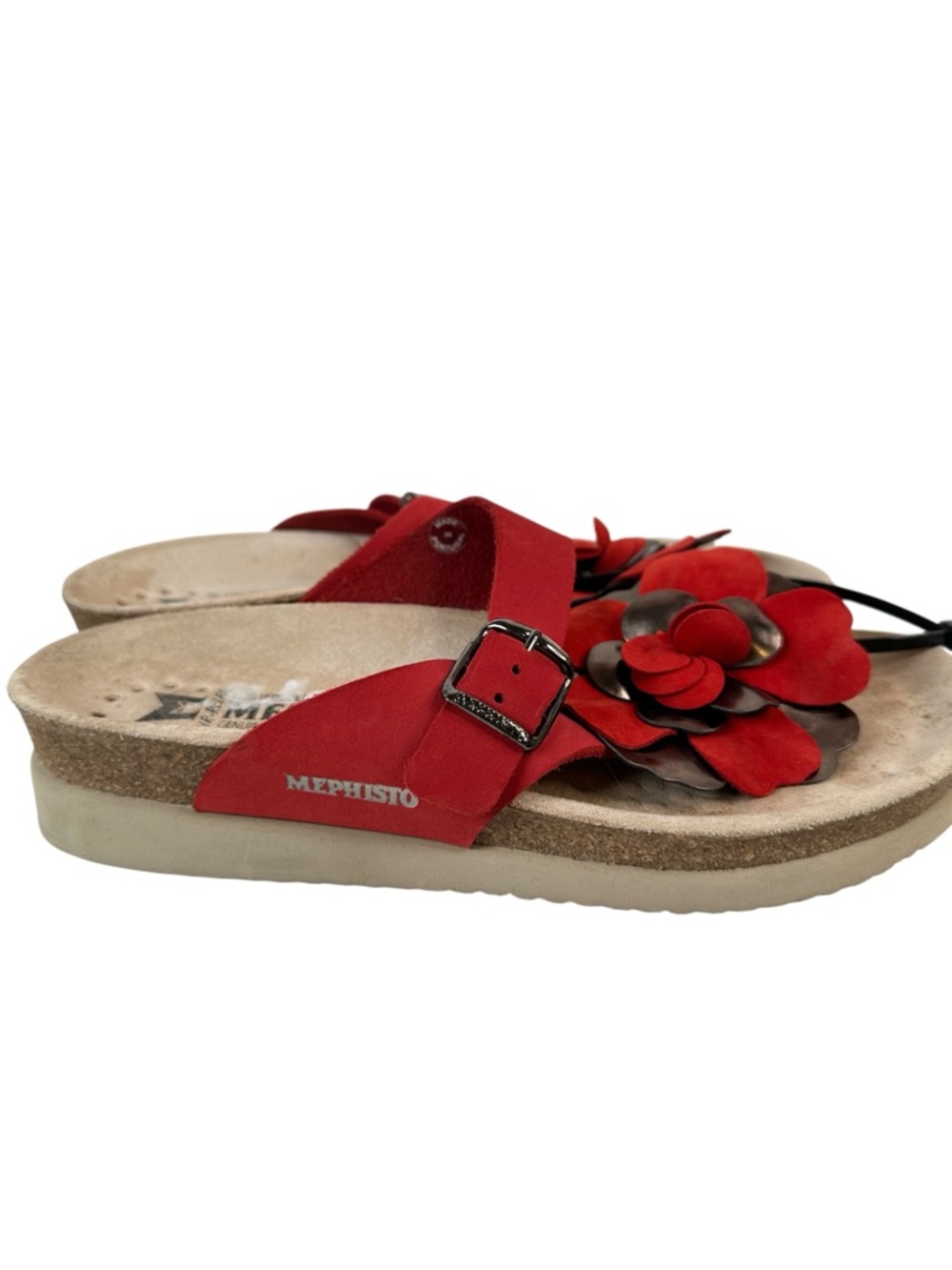 Mephisto Helen Flower Red Leather Sandals Womens 7 EU 38 Comfort Cork